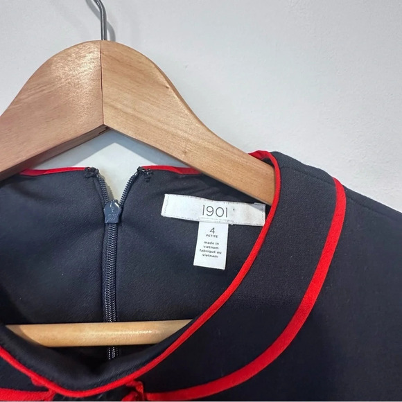 1901 Navy blue red bow a line fit flare long sleeve dress size 4P preppy 1096 - Picture 6 of 11